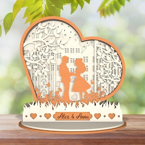 3D meerlaagse gepersonaliseerde Valentijnsdag thema staande Svg, aanpassen mooie paar scène Lasercut bestand Svg, houten hartvormig decor
