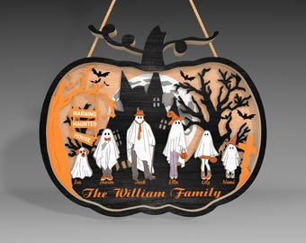 Personalized Halloween Family Ghost Door Sign Laser Cut ,Pumpkin Halloween Door Hanger ,Halloween Scene Svg, Halloween Decor ,Glowforge File