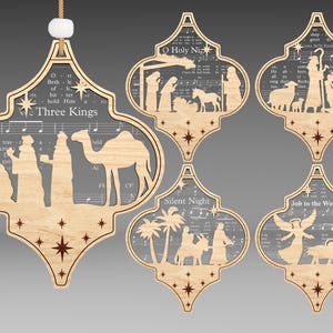 Spartiti musicali Natività Ornamenti Svg, Natività Ornamento Svg, Ornamento di Natale Svg, Ornamento Cristiano Svg, Gesù Svg, Glowforge Svg File