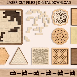 Wooden Brain Puzzle SVG Bundle, Logic Puzzle Board Laser Cut Files, Geometric IQ Game, Educational Wood Craft SVG