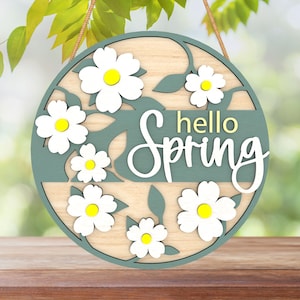 Fichier Svg de panneau de porte floral printanier découpé au laser, Svg d'accroche-porte de bienvenue Daisy, Svg de décoration printanière, fichier Svg Glowforge de panneau de bienvenue printanier Hello Spring
