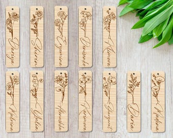 Archivo de corte de marcapáginas de flores del mes de nacimiento, marcapáginas del mes de nacimiento, grabado láser Glowforge con nombre personalizado, marcapáginas SVG