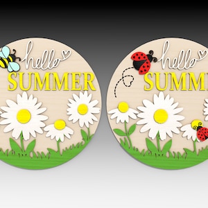Summer Daisy Welcome Sign Svg, Appendiabiti per porta floreale Svg, Appendiabiti per porta Hello Summer, Coccinella Svg, Ape Svg, Arredamento estivo, File laser Glowforge Svg
