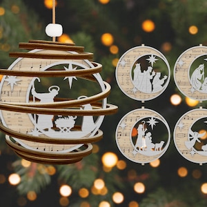 Spirale Krippe Notenblatt Musik Ornament SVG, Hölzerne Runde Krippe Szene Aufhänger SVG, Weihnachten Songtexte SVG, Lasercut Datei dafür, Baby Jesus Stück, Baby Jesus Blatt
