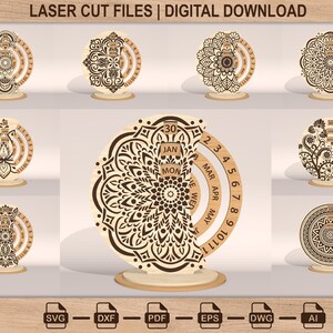 Pode incluir: Calendários perpétuos de madeira cortados a laser com intrincados desenhos de mandala. Os calendários exibem o mês, o dia e a data. A imagem inclui o texto "LASER CUT FILES | DIGITAL DOWNLOAD" e ícones de tipo de arquivo.