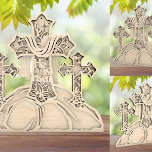 Tumba con escena de Pascua, archivo de corte láser religioso de Pascua, Pascua resucitada, cruz cristiana de Jesús, archivo digital en capas SVG DXF, descarga instantánea