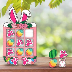 Feliz día de Pascua Tic Tac Toe Svg, Oreja de conejo de Pascua y huevo, Juego de mesa de madera festivo Svg, Archivo cortado con láser Svg, Juego divertido para niños Svg