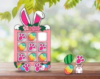 Happy Easter Day Tic Tac Toe Svg, Easter Bunny Rabbit Ear And Egg, Holiday Wooden Board Game Svg, Lasercut File Svg, Funny Game For Kids Svg