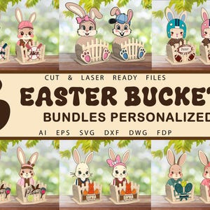Bundle de Pâques seaux porte-oeufs debout fichier découpé au laser Svg, Pâques cash titulaire oeuf Svg, lapin de Pâques panier Svg, fichier Svg Glowforge