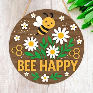 Bee Happy Welcome Sign Svg, Daisy Welcome Door Hanger Svg, Spring Decor Svg, ,Hello Spring Welcome Sign Svg Glowforge Svg File