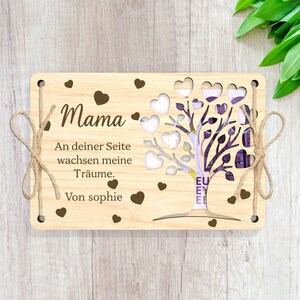 May include: A wooden card with a cutout tree design and the text "Mama. An deiner Seite wachsen meine Tr&auml;ume. Von sophie" in brown lettering. The card is tied with twine and has a heart design.