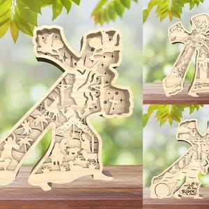 Jesús de pie con la cruz en capas para el día de Pascua Svg, archivo Svg de corte láser de la historia de Jesús, Svg de Él ha resucitado, Svg de Jesús, Svg de cristianismo, decoración de Pascua