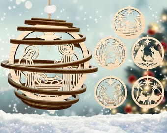 Adorno de belén en espiral Svg, Adornos de belén Svg, Adorno navideño Svg, Adorno cristiano Svg, Jesús Svg, Archivo Svg Glowforge