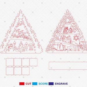 May include: A red line drawing of a Christmas tree with a winter village scene inside. The tree is made up of several layers that can be cut out and assembled. The village scene includes houses, trees, a snowman, and a deer.