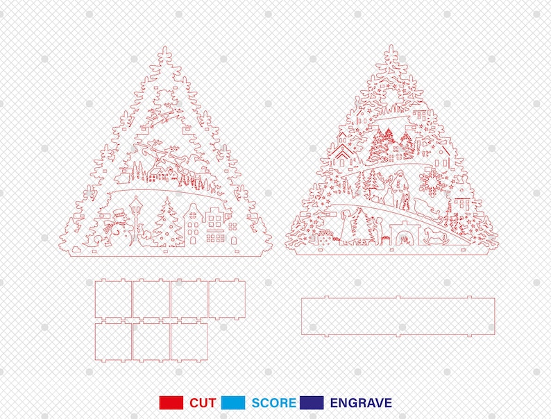 May include: A red line drawing of a Christmas tree with a winter village scene inside. The tree is made up of several layers that can be cut out and assembled. The village scene includes houses, trees, a snowman, and a deer.