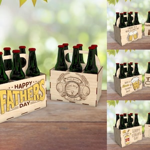 May include: Six wooden beer bottle carriers with different designs. The designs include "Happy Father's Day", "Cheers to a Beer-illiant Dad", "Have a Brewski Father's Day", "I Love Father's Day", and "Happy Father's Day".