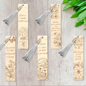 Paquete de marcadores florales svg Plantilla de marcador de madera Archivos de corte láser para marcadores grabados Regalo para amantes de los libros Regalo para maestros svg Glowforge Cricut