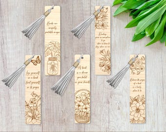 Floral bookmark svg bundle Wooden bookmark template Engraved bookmark laser cut files Book lover gift Teacher gift svg Glowforge Cricut