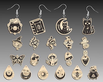May include: A set of 18 wooden earrings with various designs, including a cauldron, a book, a crescent moon, a cat, a snake, a mushroom, a butterfly, a bottle, and a bee. The earrings are all black and white and have a whimsical, witchy aesthetic.