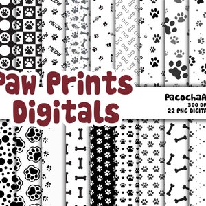 Set Of 22 Pattern Paw Prints Digital Paper Pack,Black and White Cat and Dog,Puppy Paw Digital Paper,Commercial Use,Instant Download