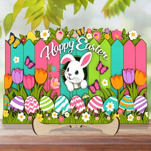 Fröhliche Osterkaninchen stehend Lasercut-Datei-Svg, fröhliche Ostertag-Svg, Osterei-Svg aus Holz, Blumenfrühlingsszene-Svg, Glowforge-Datei-Svg