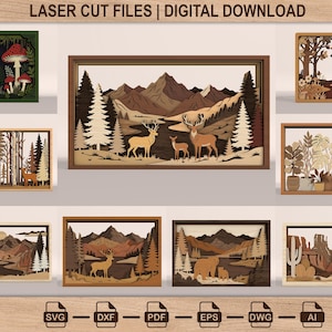 Naturlandskap SVG-paket, lager av skogs-laserskurna filer, skogs-berg-väggdekor, digital nedladdning i flera lager