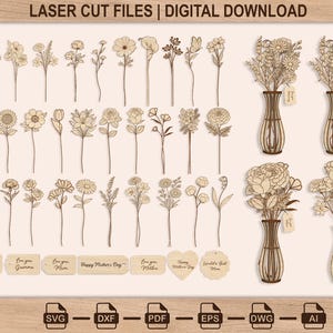 Könnte beinhalten: Ein digitaler Download von lasergeschnittenen Blumendesigns. Das Bild zeigt verschiedene Blumenstiele, Blumensträuße in Vasen und Anhänger mit Text wie "Love you, Mommy" und "Happy Mother's Day". Die Designs sind in einer neutralen Farbpalette gehalten.