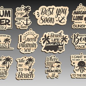 May include: Twelve wooden ornaments with beach-themed sayings and images. The ornaments feature phrases like "Best you soon", "I need vitamin sea", "Beach Life", "Resting Beach Face", "Life is better at the beach", "Take me to the beach", "Where my beaches at", and "I can't wait to get my tail to the beach".