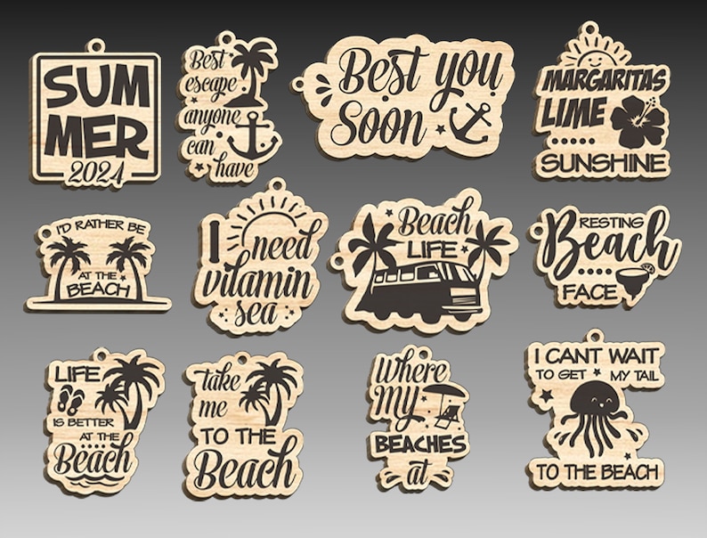 May include: Twelve wooden ornaments with beach-themed sayings and images. The ornaments feature phrases like "Best you soon", "I need vitamin sea", "Beach Life", "Resting Beach Face", "Life is better at the beach", "Take me to the beach", "Where my beaches at", and "I can't wait to get my tail to the beach".