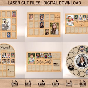 May include: Wooden laser-cut photo frames with spaces for multiple photos. Designs include rectangular, arched, and circular shapes, with text such as "My School Journey," "Jacob," and "Class of 2026." The frames are suitable for digital download.