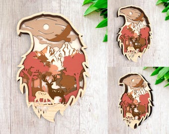 File di taglio multistrato con aquila forestale, tema aquila a strati, aquila selvaggia in legno 3D tagliata al laser, aquila multistrato, file di taglio laser aquila