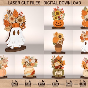 May include: A collection of digital laser cut files featuring autumn-themed designs including ghosts, pumpkins, sunflowers, and fall foliage. The text LASER CUT FILES | DIGITAL DOWNLOAD appears at the top, with file format icons at the bottom.