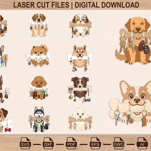 May include: A collection of laser-cut dog-themed key holders in various breeds. Each holder features a dog design holding a bone-shaped key rack. The key racks are designed to hold keys and small accessories. The image includes the text "LASER CUT FILES | DIGITAL DOWNLOAD".
