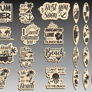 May include: A set of 18 laser cut wooden ornaments with beach and summer themes. The ornaments feature various designs, including palm trees, pineapples, seashells, and text such as "Summer 2024", "Best you soon", "I need vitamin sea", "Margaritas lime sunshine", "Resting beach face", "Life is better at the beach", and "Take me to the beach".