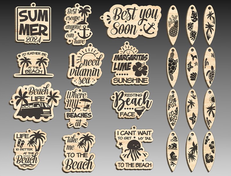 May include: A set of 18 laser cut wooden ornaments with beach and summer themes. The ornaments feature various designs, including palm trees, pineapples, seashells, and text such as "Summer 2024", "Best you soon", "I need vitamin sea", "Margaritas lime sunshine", "Resting beach face", "Life is better at the beach", and "Take me to the beach".