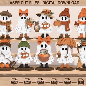 Op de afbeelding: Een set van tien lasersnijbestanden voor digitale download met witte spookfiguren en herfstaccessoires zoals pompoenen, sjaals, hoeden, mokken en bladeren. De tekst LASER CUT FILES | DIGITAL DOWNLOAD is bovenaan de afbeelding zichtbaar.
