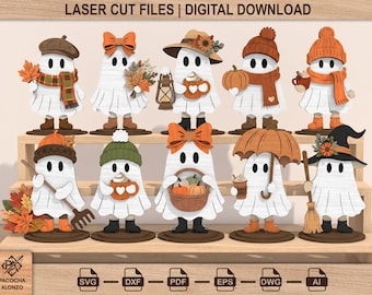 May include: A set of ten laser cut files for digital download featuring white ghost figures with autumn accessories including pumpkins, scarves, hats, mugs, and foliage. The text LASER CUT FILES | DIGITAL DOWNLOAD is visible at the top of the image.