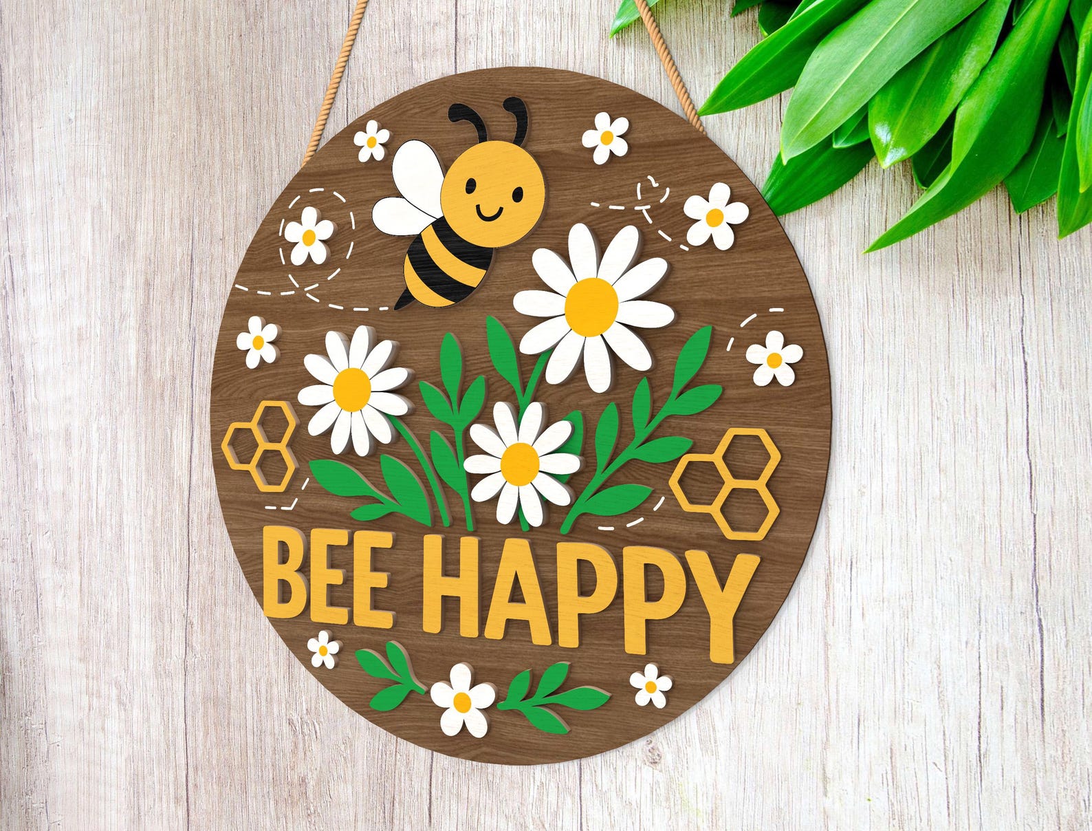 Bee Happy Welcome Sign Svg, Daisy Welcome Door Hanger Svg, Spring Decor ...