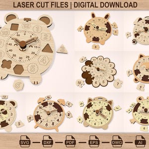 May include: A collection of laser cut files for wooden clocks featuring animal and flower shapes with puzzle-style number pieces. The digital download includes SVG, DXF, PDF, EPS, DWG, and AI file formats for crafting educational time-telling toys.