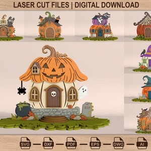 Paquete de archivos SVG de casa espeluznante de Halloween, diseño de cabaña de calabaza cortada con láser, decoración de pueblo embrujado, archivos de manualidades multicapa