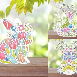 Lapin multicouche zfloral le jour de Pâques debout Svg, Svg floral de scène de ressort de ressort, Svg de lapin floral en bois, décor de lapin de Pâques, fichier découpé au laser Svg