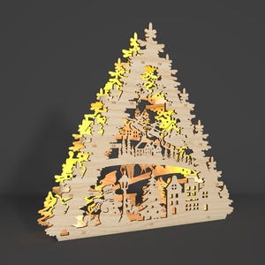 May include: A wooden Christmas tree decoration featuring a cut-out design of a winter village scene. The decoration is lit with warm white lights, creating a festive glow.