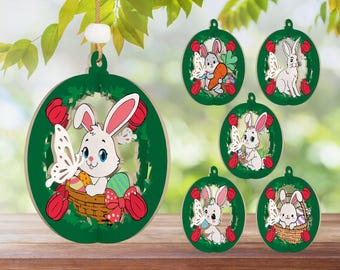 Easter Day Bunny Eggs Wood Sign Ornament LaserCut File Svg,Easter Egg Tags Svg,Easter Hanging Eggs,Easter Ornament,Easter Decor,Glowforge