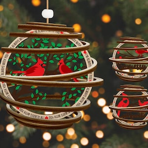 Adornos navideños de cardenal espiral cortados con láser Svg, archivo de corte de decoración navideña, adorno de regalo familiar Svg, adorno navideño Svg, archivo Glowforge