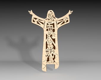 Può includere: Un ritaglio in legno di Gesù Cristo con le braccia aperte. Il ritaglio è finemente dettagliato con una croce, colombe e altre immagini religiose.