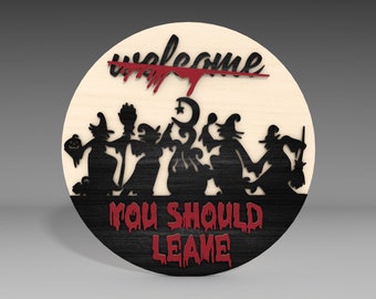 Signo de puerta de bruja de Halloween Corte láser Svg, Bienvenido, debe dejar la percha de la puerta, Bienvenido corte láser de Halloween, Horror Svg, Decoración aterradora Glowforge