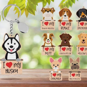 Ich liebe meinen Hund Themed Schlüsselbund svg, Tierliebhaber Schlüsselring svg, hölzerne Hunderassendekor, Arten Hundelasercut-Datei svg, niedlicher Haustier-Schlüsselring svg