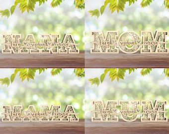 May include: Four wooden signs with floral designs and the words "NANA", "MOM", "MAMA", and "MUM" with the names "Lucy", "Sophia", and "Emma" on each sign.