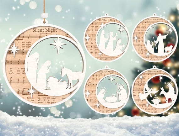 Music Sheet Nativity Ornaments Svg, Nativity Scene Ornament Svg, Christmas Ornament Svg,Christian Ornament Svg ,Jesus Svg,Glowforge Svg File
