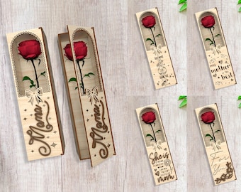 May include: Four laser cut wooden boxes with a red rose inside. The boxes have different messages on them, including "She is my Mom", "For You", "My Mother is the Best", and "Mama".